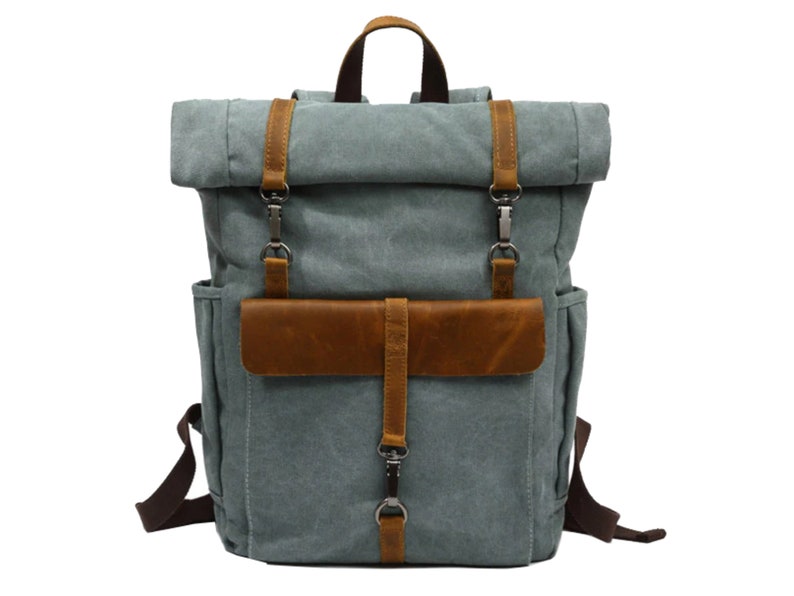 MORGNTAU Canvas Leather Rolltop Backpack Vintage Style Ukiyo Blue image 1