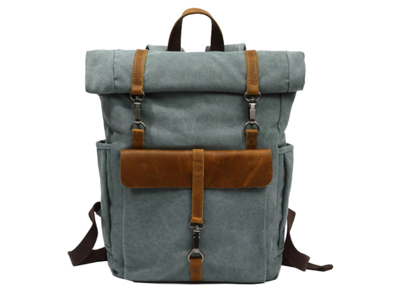 MORGNTAU Canvas Leder Rolltop-Rucksack Vintage Style Ukiyo Blau Bild 1