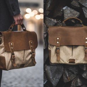 Vintage laptop bag men's shoulder bag canvas "Professor", handmade leather bag, men's briefcase, retro messenger bag