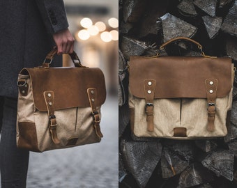 Vintage laptop bag men's shoulder bag canvas "Professor", handmade leather bag, men's briefcase, retro messenger bag