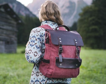 MORGNTAU canvas leather vintage backpack "Kurier" wine red