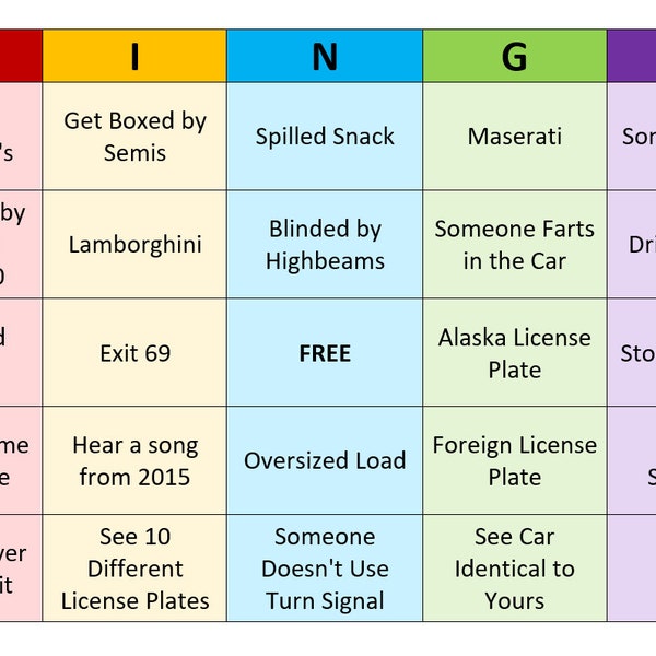 Adult Road Trip BINGO - 50 Unique Colorful Cards