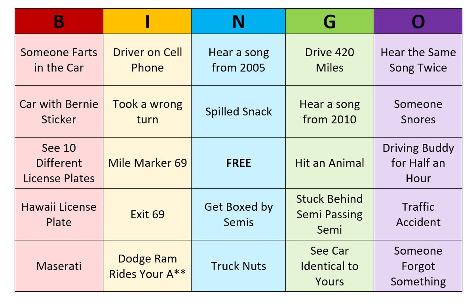 Adult Road Trip BINGO - 50 Unique Colorful Cards - Etsy