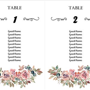 Floral Wedding Seating Table Chart