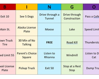 Kids Road Trip BINGO - 50 Unique Colorful Cards
