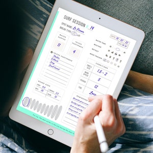 May include: A white tablet with a blue and green surf session log. The log includes the date, time, water temperature, weather, wetsuit, mood tracker, swell size, wind speed, period, tide, and tricks performed. The log also includes a section for board used with the length, width, thickness, and volume. The log is filled out with handwritten notes.