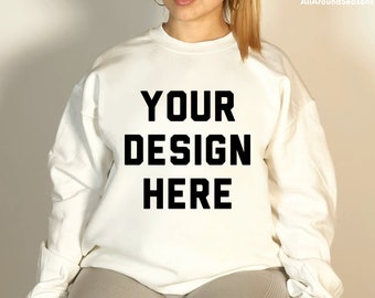 Gildan 18000 White Crewneck Mockup, Gildan Crewneck Mockup, Crewneck Mockup, Model Mockup, Gildan 18000 Mockup, Sweater mockup, White mock