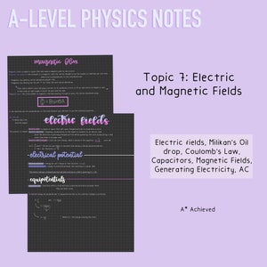 Könnte beinhalten: Physik-Notizen der A-Stufe zu elektrischen und magnetischen Feldern. Die Notizen behandeln Themen wie elektrische Felder, Millikans Öl Tropfen, Coulombsches Gesetz, Kondensatoren, magnetische Felder, Stromerzeugung und Wechselstrom. Die Notizen sind handschriftlich auf einem karierten Papierhintergrund verfasst.
