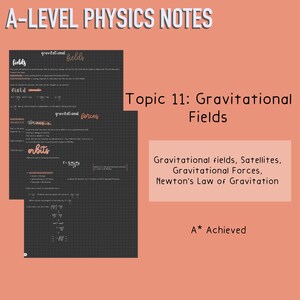 May include: A-Level Physics Notes on a black background with a grid pattern. The notes cover gravitational fields, satellites, gravitational forces, and Newton's Law of Gravitation. The text "Topic 11: Gravitational Fields" is in a white box with a black outline. The text "A* Achieved" is in a white box with a black outline.