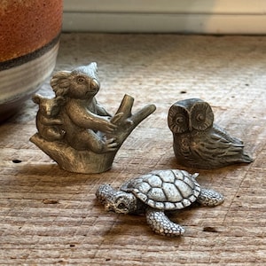 Vintage Lot 3 Mini Pewter Animal Figurines Koalas Turtle Owl