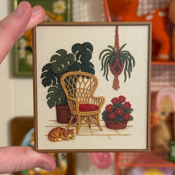 PRINTED Vintage Inspired Retro Crewel Style Cat Plant Wicker Chair Wooden Magnet