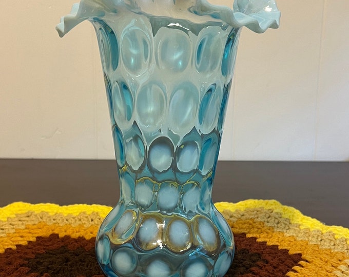 Fenton Blue & White Opalescent Coin Dot Ruffled Edge Art Glass Vase 10 ...