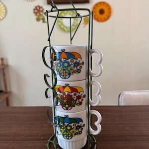 Vintage 70s Stackable Flower Cart Mugs with Green Metal Caddy