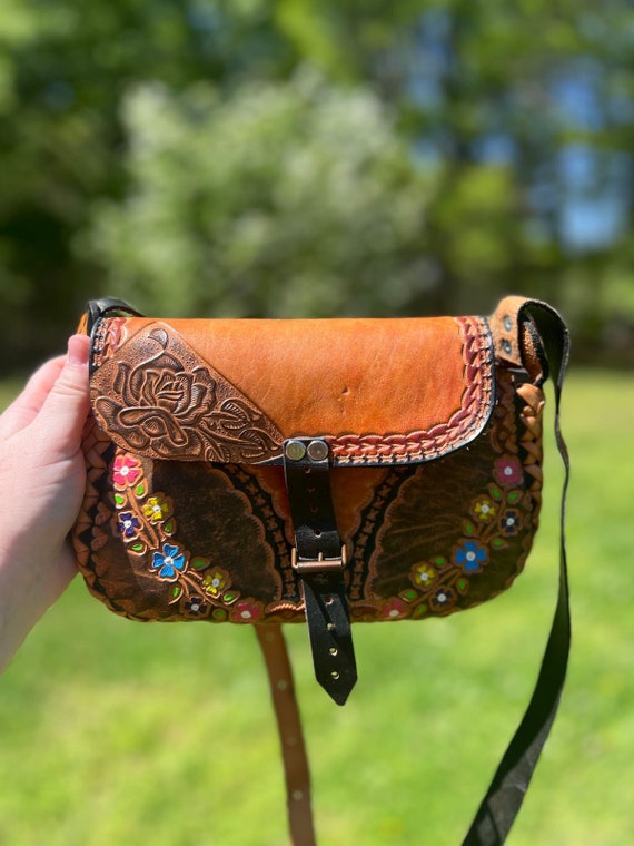 Hand Tooled Floral Painted Leather Purse