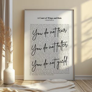May include: A framed print with text from "A Court of Wings and Ruin." The black text on a white background includes the phrases "You do not fear," "You do not falter," and "You do not yield." The print is in a silver frame.