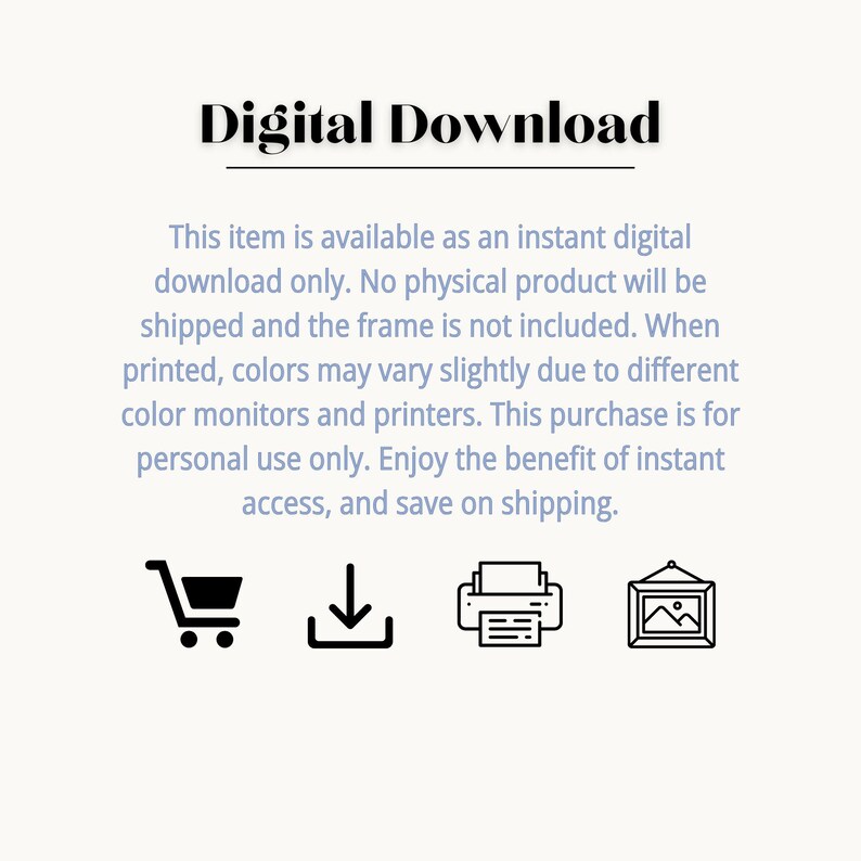 Op de afbeelding: Afbeelding met de tekst "Digital Download" bovenaan. Daaronder beschrijft de tekst het item als een directe digitale download, zonder verzending van een fysiek product. Pictogrammen van winkelwagen, downloadpijl, printer en ingelijste afbeelding.
