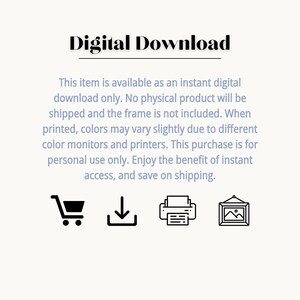 May include: Digital download icon set. A shopping cart, a download arrow, a printer, and a picture frame are shown in black on a white background. The text "Digital Download" is at the top of the image.