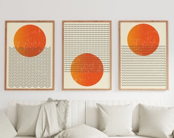 Mid Century Modern Art, Sun and Moon Print, Terracotta Wall Art, Set of 3 Wall art, Minimalist Wall Decor, Abstract Wall Art, Digital