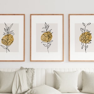 Set of 3 Mustard Wall Art Prints, Yellow Wall Art, Mustard and Grey prints, Lounge Wall Prints, Mustard Botanical Wall Print