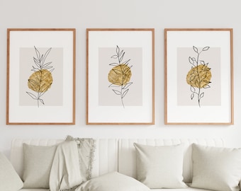Set of 3 Mustard Wall Art Prints, Yellow Wall Art, Mustard and Grey prints, Lounge Wall Prints, Mustard Botanical Wall Print