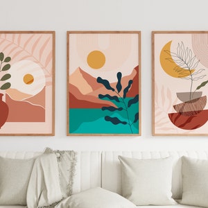 Conjunto de 3 impresiones de arte de mediados de siglo, conjunto de impresiones de arte bohemio, arte de pared con paisaje abstracto de sol y luna en terracota, descarga digital