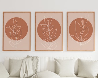 Neutral Wall Prints, Botanical Wall Prints, Plant Wall Art, Botanical Line Art, Beige and Orange Home Decor, Hand Drawn,Set of 3 Prints