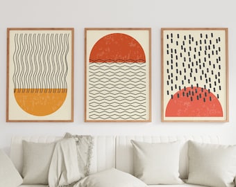 Mid Century Modern Art, Sun and Moon Print, Terracotta Wall Art, Set of 3 Wall art, Minimalist Wall Decor, Abstract Wall Art, Digital