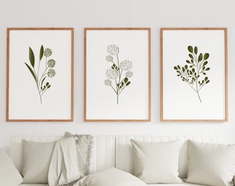 May include: Three framed prints with minimalist line drawings of green botanicals on a white background. The prints are in wooden frames and are hanging on a white wall.