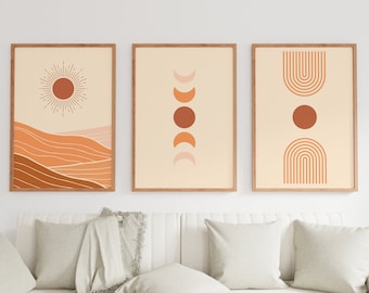 Set of 3, Sun Moon Print Set, Mid Century Modern Art, Moon Phases Print, Boho Black Abstract Landscape, Boho Decor, Geometric Art Print
