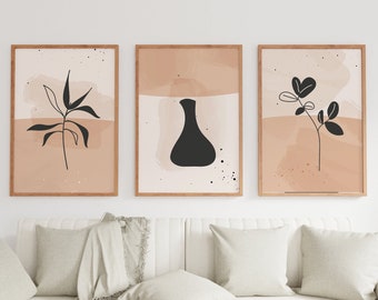 Set of 3 Boho Beige Wall Art, Boho Printable Gallery Wall Set, Abstract Geometric, Boho Flower Prints, Digital Download