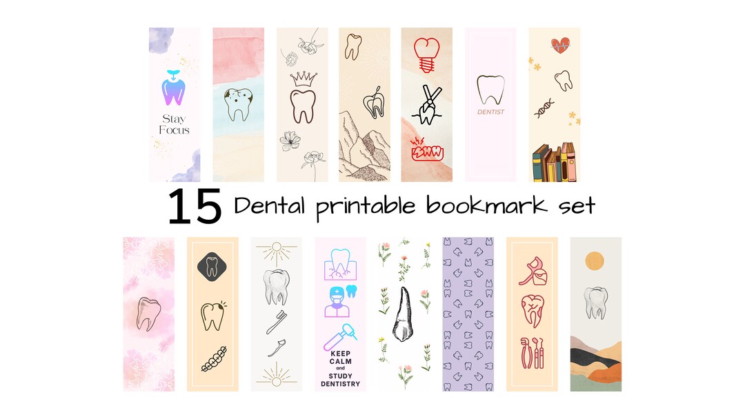 Tooth Bookmark Printable Set of 15 , Dental Printable Bookmark Set, Dentist Bookmark Etsy