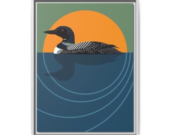Alaska Loon Sunset Illustration Matte Canvas Framed | Lake Bird Wall Art