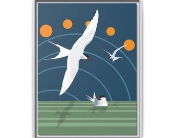 Arctic Terns Midnight Sun Illustration Matte Canvas Framed | Lake Bird Wall Art
