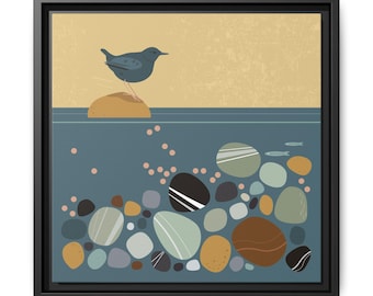 American Dipper Framed Canvas Art: Modern Bird & Stone Print