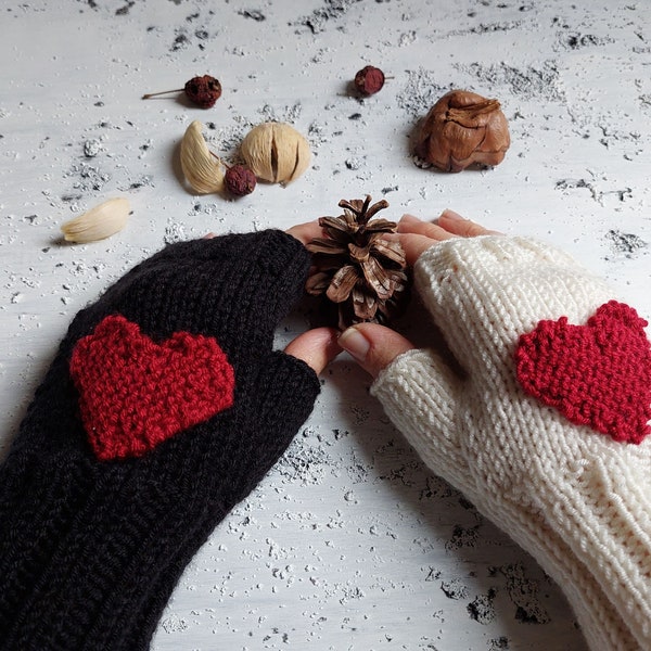 Red Heart Embroidered Hand Knitted Fingerless Gloves, Knitted Wrist  and Hand Warmers, Valentine's Day Gfit