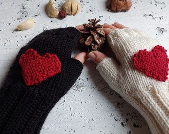 Red Heart Embroidered Hand Knitted Fingerless Gloves, Knitted Wrist  and Hand Warmers, Valentine's Day Gfit