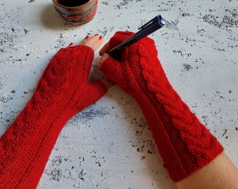 Cable Knit Fingerless Gloves, Long Knitted Hand Warmers, Red Wool Mittens, Handmade Wool Wrist Warmers, Valentine's Day Gift