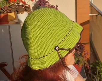 Crochet Bucket Hat, Green Sun Hat, Orange Summer Headgear, Beach Accessories, Evil Eye Bead Hat, Hippie Summer Accessories, Mother Day Gifts
