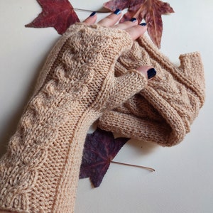 Camel Color Braided Patterned Fingerless Gloves, Long Knitted Wrist  and Hand Warmers, Wool Mittens