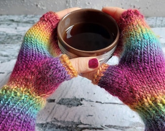 Rainbow Color Fingerless Gloves, Fleecy Handwear, Hand Knitted Colorful Mitten, Hippie Wrist Warmer, Writing Gloves, Winter Accessories