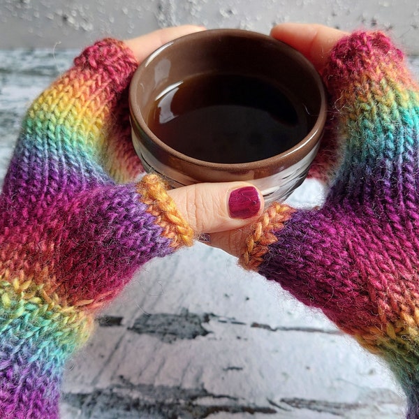 Rainbow Color Fingerless Gloves, Fleecy Handwear, Hand Knitted Colorful Mitten, Hippie Wrist Warmer, Writing Gloves, Winter Accessories