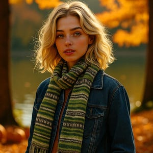 May include: A woman wearing a denim jacket and a green and beige striped scarf. The scarf has a fringed edge. The background features a lake and trees with autumn foliage.
