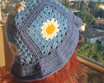 Granny Square Hat, Crochet Sun Hat, Colorful Summer Accessories, Sunflower Bucket Hat, Women Beach Headgear, Boho Bucket Hat