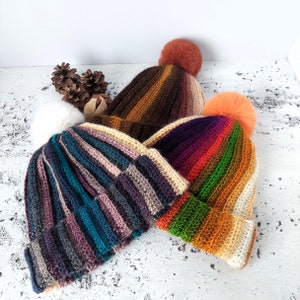 Striped Knit Beret with Pom-Pom: Autumn Colors, Hippie Style