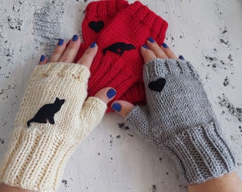 Fingerless Gloves with Cat, Kitty Mittens, Cosy and Soft Wrist Warmers,Heart Patterned Hand Warmers, Cat Mom Gift, Animal Gift for Her