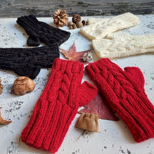 Double Braided Patterned Fingerless Gloves in Red, Ivory and Black, Cable Knit Gloves Christmas Gift,
