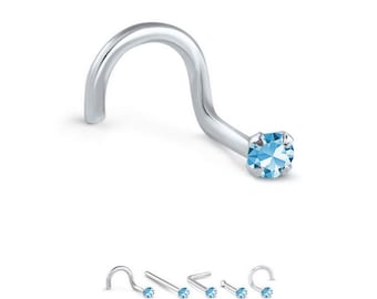 14K Rose Gold, Yellow Gold, White Gold Nose Ring Screw Stud Bone, L Bend. 1.5mm, 2mm, 2.5mm, 3mm, Genuine Blue Topaz 22G, 20G, 18G