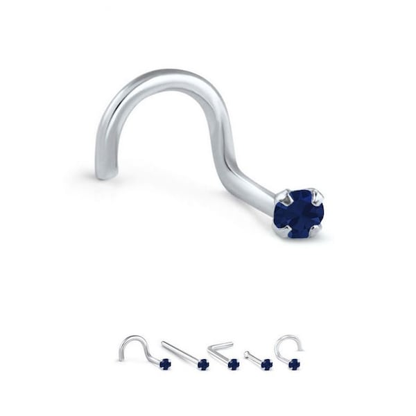 14K White Gold, Yellow Gold, Rose Gold Nose Ring Screw Stud Bone, L Bend. 1.5mm, 2mm, 2.5mm, 3mm Genuine Blue Sapphire 22G, 20G, 18G