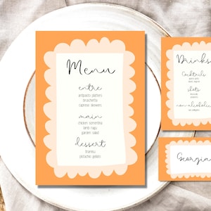 Modelo de Menu e Cartão de Lugar Colorido Ondulado em Laranja | Borda Recortada | Design Moderno | Editável com Download Instantâneo