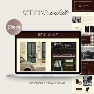 Puede incluir: Un portátil muestra una plantilla de sitio web de bodas con un esquema de color marrón y crema. La pantalla muestra secciones para viajes, alojamiento y detalles. El texto incluye "WEDDING website" y "CUSTOMIZABLE CANVA TEMPLATE".
